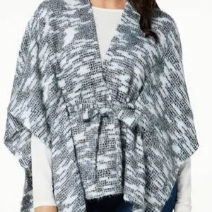 Colleen Lopez Womens Fuzzy Knit Belted Poncho Black White Open Front Sz M/L New
